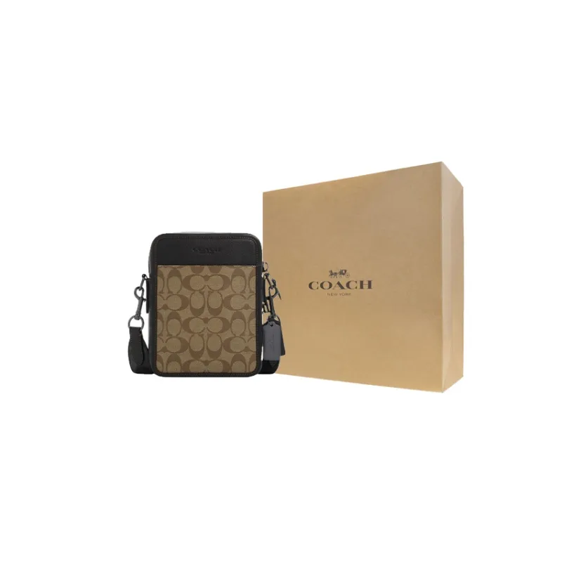 COACH Sullivan Coated Canvas With Pebbled Leather Shoulder Bag, Crossbody Bag Trumpets Men's Khaki With Charcoal-6