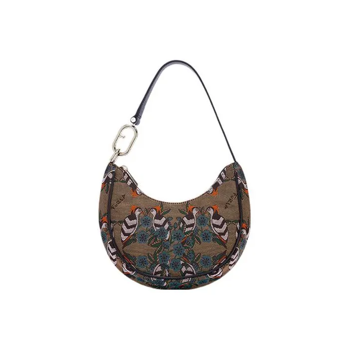 Furla Primavera Fabric Cow Leather Patchwork Handbag Shoulder Bag Women's Gray-0
