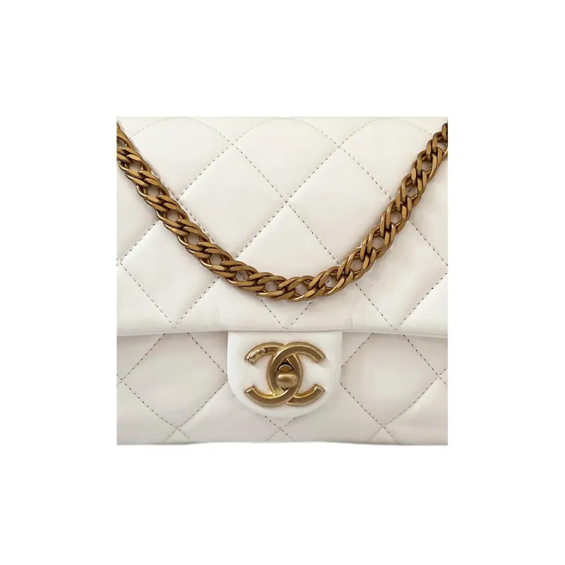 CHANEL Lambskin Flap Bag Handbag Shoulder Bag Crossbody Bag Small Size Women's White-3