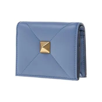Valentino Roman Stud Napa Calf Leather Card Holder, Wallet Small Size Women's Blue