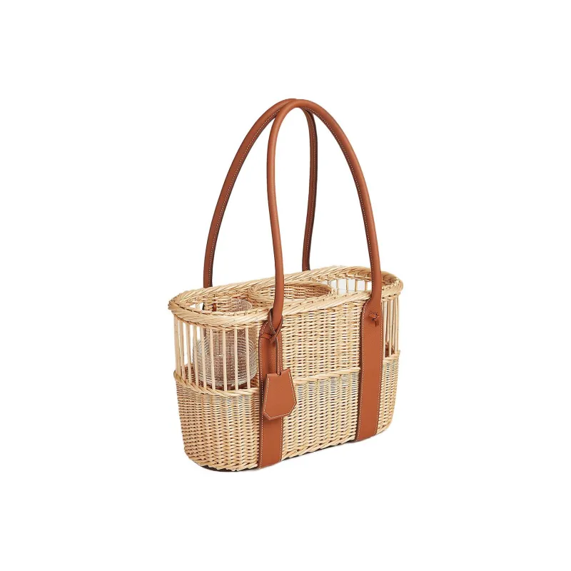 HERMES Wicker With Smooth Taurillon Leather Basket Handbag Women's Natural-1