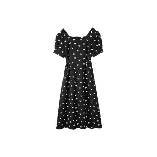 FANQIN Short Sleeved Dresses Women's Black With Floral Pattern