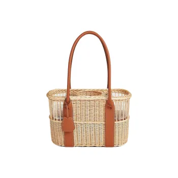 HERMES Wicker With Smooth Taurillon Leather Basket Handbag Women's Natural