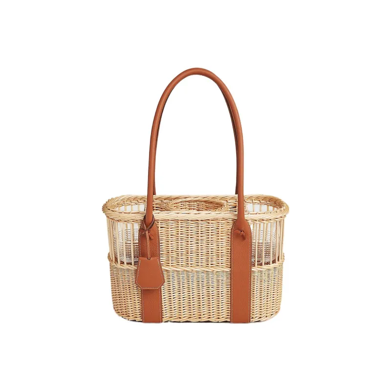 HERMES Wicker With Smooth Taurillon Leather Basket Handbag Women's Natural-0