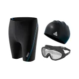 (Black Blue) Swimming Shorts+Large Frame Swim Goggles+Swimming Cap