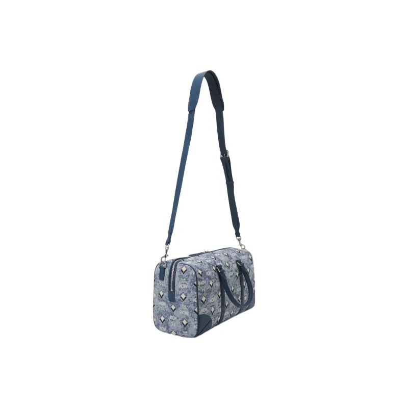 MCM Vintage Monogram Jacquard Fabric With Nappa Leather Trim Boston Bag Crossbody Handbags Medium Size Women's Blue-1