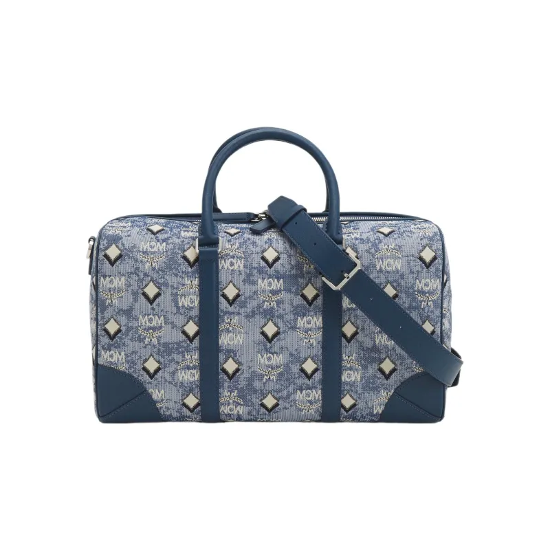 MCM Vintage Monogram Jacquard Fabric With Nappa Leather Trim Boston Bag Crossbody Handbags Medium Size Women's Blue-3