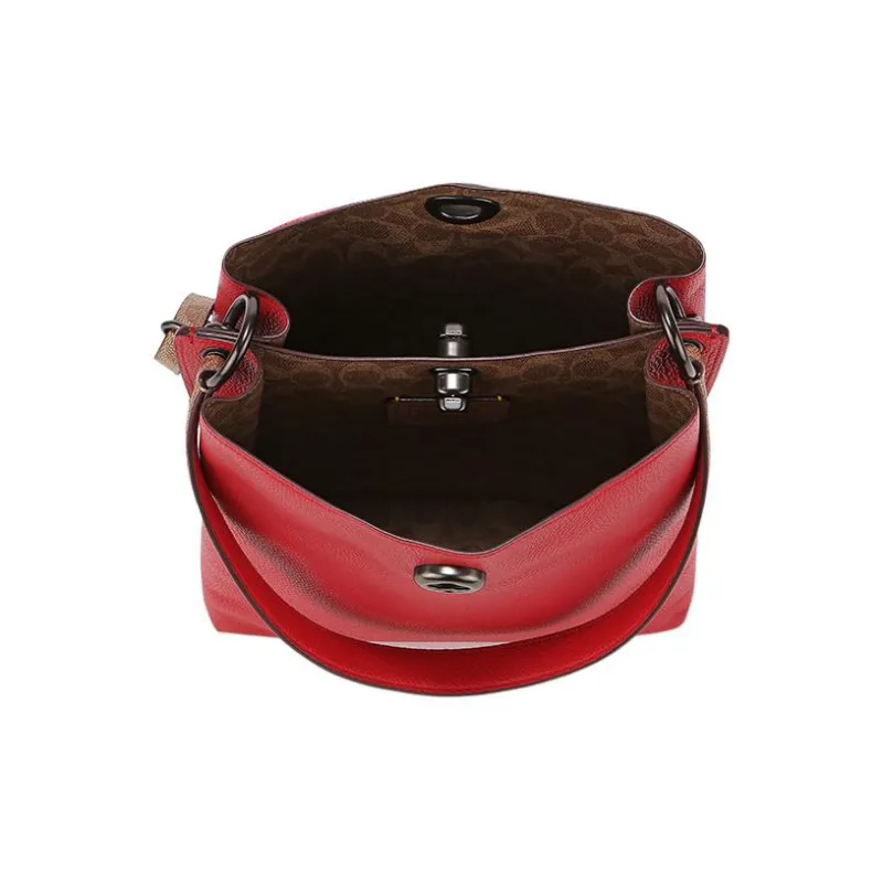 COACH Charlie Leather With Coated Canvas Bucket Bag Handbag Shoulder Bag Crossbody Bag Medium Size Women's Red-4