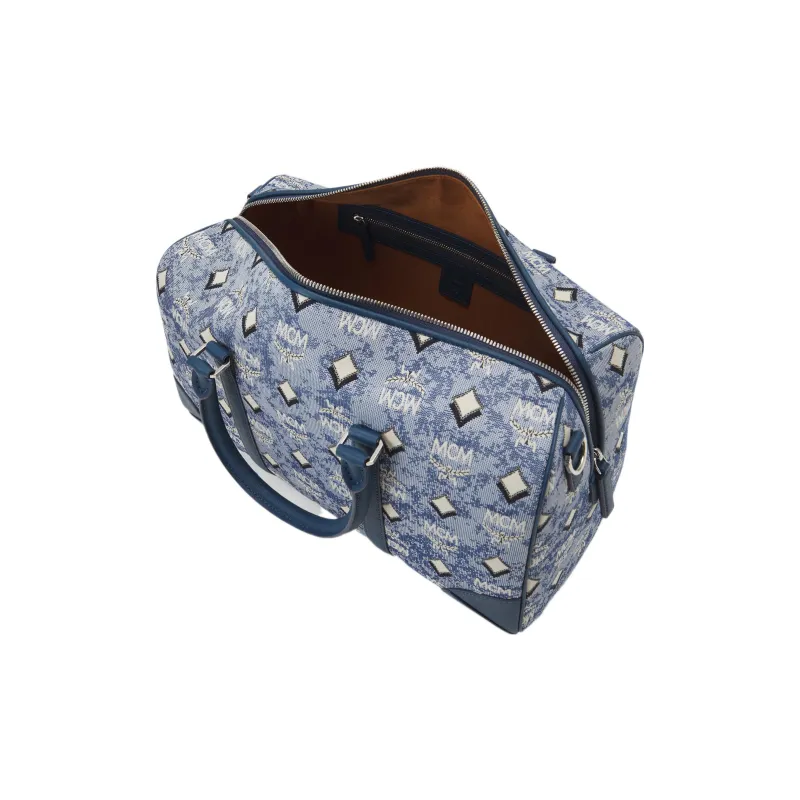 MCM Vintage Monogram Jacquard Fabric With Nappa Leather Trim Boston Bag Crossbody Handbags Medium Size Women's Blue-2