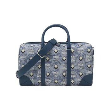 MCM Vintage Monogram Jacquard Fabric With Nappa Leather Trim Boston Bag Crossbody Handbags Medium Size Women's Blue