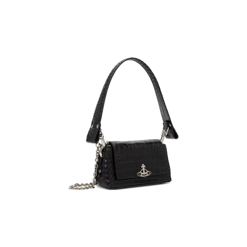 Vivienne Westwood Crocodile Pattern Leather Shoulder Bag, Baguette Bag, Handbag, Shoulder Bag Medium Size Women's Black-1