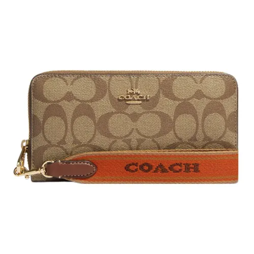 COACH Zip Around Canvas With Pebbled Leather Accents Wrist Bags Clutches Wallets Small Size Women's Khaki
