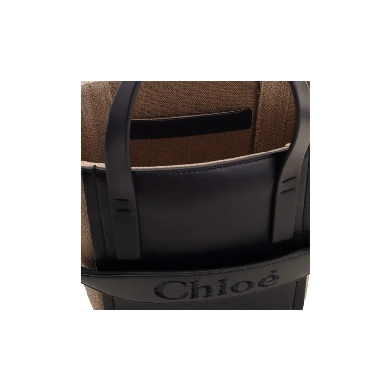 Chloe Shiny Calfskin With Linen Tote Bag Shopping Bag Shoulder Bag Crossbody Bag Handbag Small Size Women's Black-4