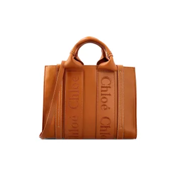 Chloe Woody Smooth Calf Leather Tote Bag Shopping Bag Shoulder Bag Crossbody Bag Handbag Small Size Women's Caramel