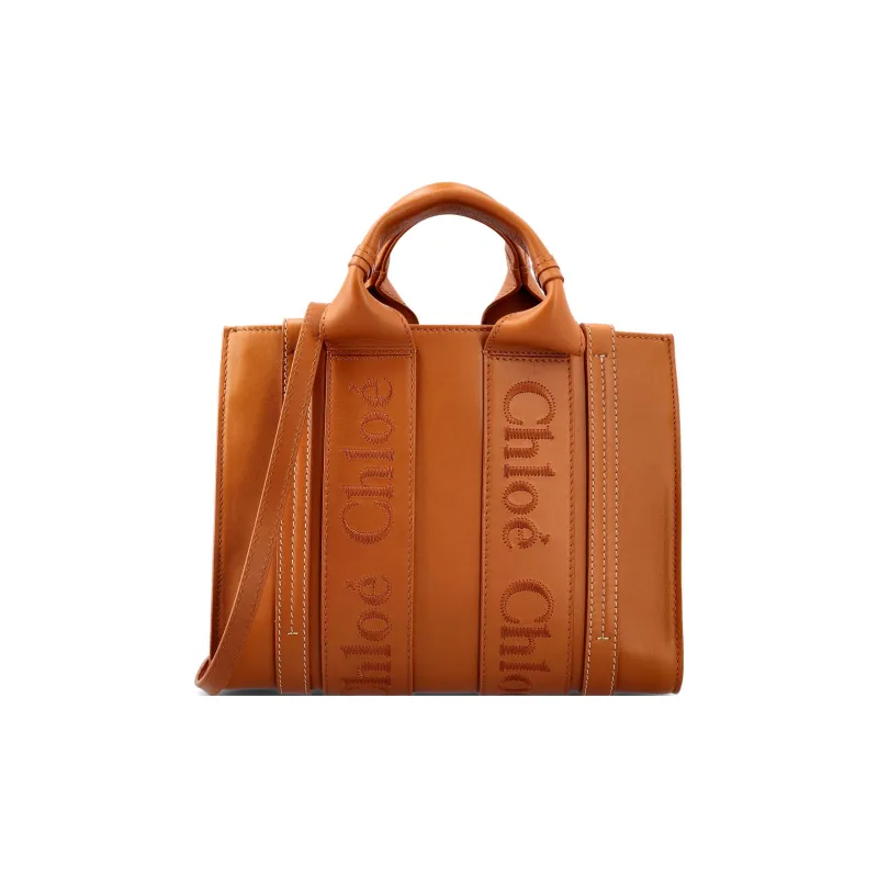 Chloe Woody Smooth Calf Leather Tote Bag Shopping Bag Shoulder Bag Crossbody Bag Handbag Small Size Women's Caramel-0