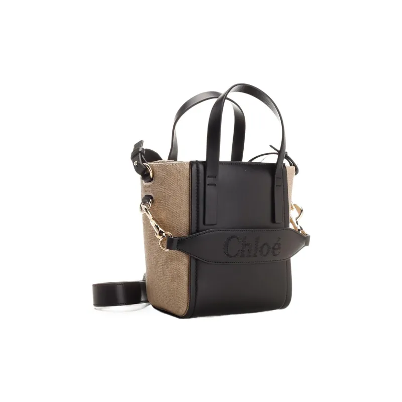 Chloe Shiny Calfskin With Linen Tote Bag Shopping Bag Shoulder Bag Crossbody Bag Handbag Small Size Women's Black-1