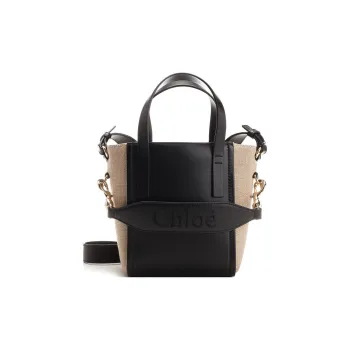 Chloe Shiny Calfskin With Linen Tote Bag Shopping Bag Shoulder Bag Crossbody Bag Handbag Small Size Women's Black