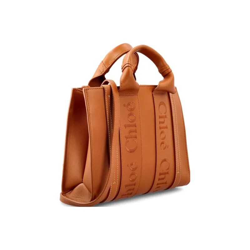 Chloe Woody Smooth Calf Leather Tote Bag Shopping Bag Shoulder Bag Crossbody Bag Handbag Small Size Women's Caramel-1