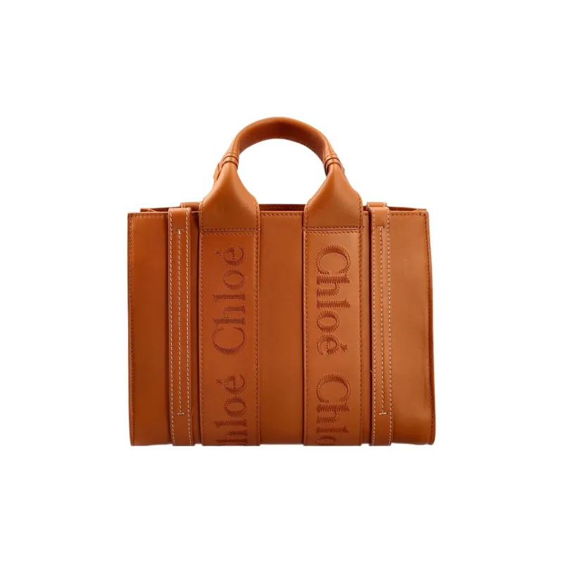 Chloe Woody Smooth Calf Leather Tote Bag Shopping Bag Shoulder Bag Crossbody Bag Handbag Small Size Women's Caramel-2