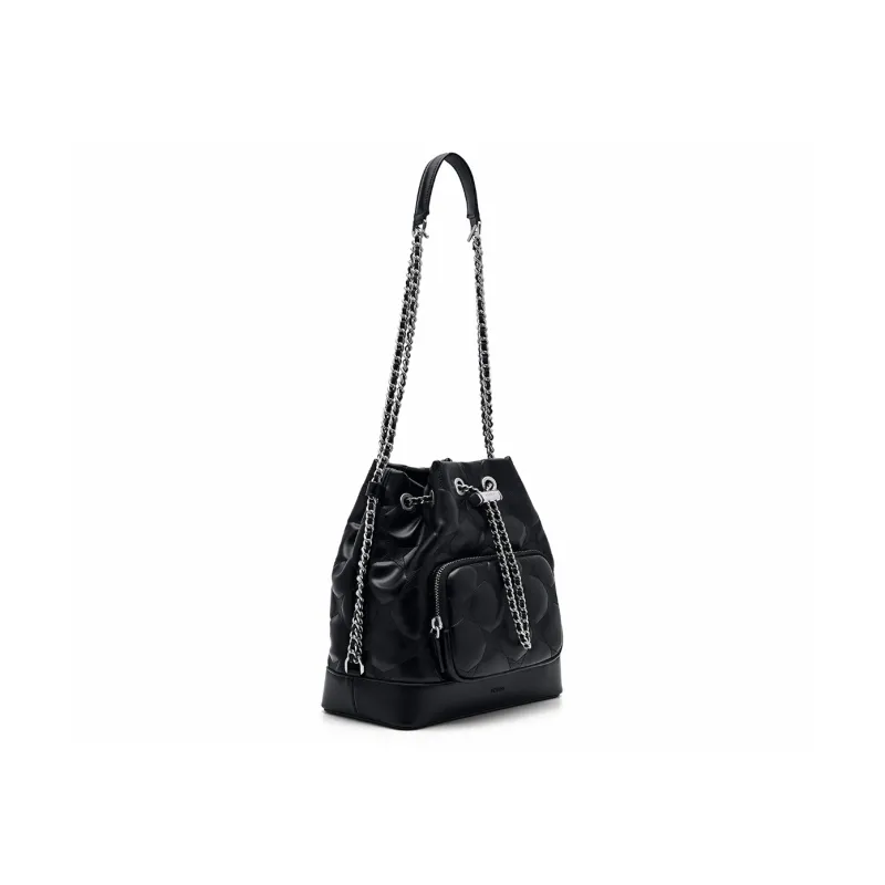 PEDRO Women's Interstellar Series Artificial Leather Bucket Bags Shoulder Bags Small Size Women's Black/Light Red/White-4