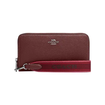 COACH Zip Around Pebbled Leather Clutch Wrist Bag Wallet Small Size Women's Red Brown