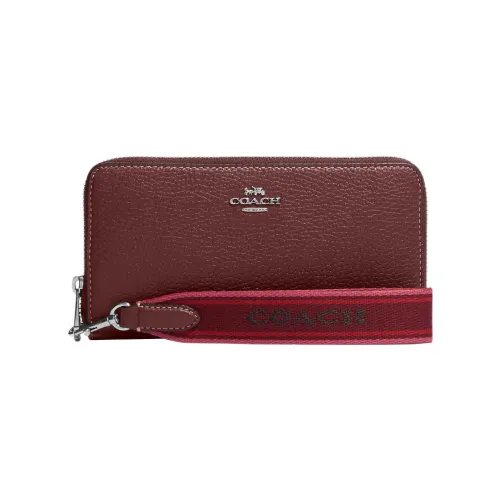 COACH Zip Around Pebbled Leather Clutch Wrist Bag Wallet Small Size Women's Red Brown
