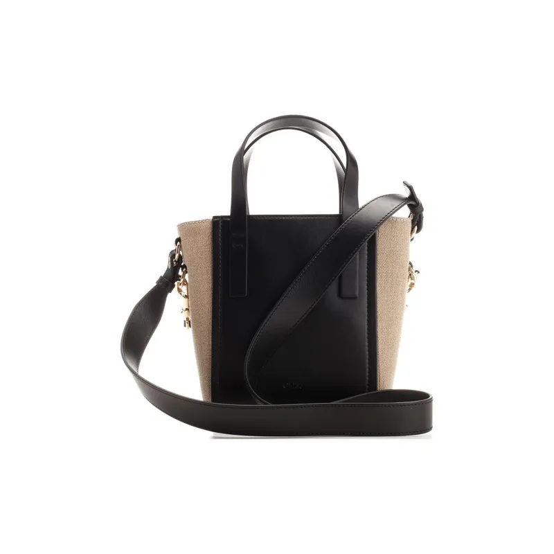 Chloe Shiny Calfskin With Linen Tote Bag Shopping Bag Shoulder Bag Crossbody Bag Handbag Small Size Women's Black-2