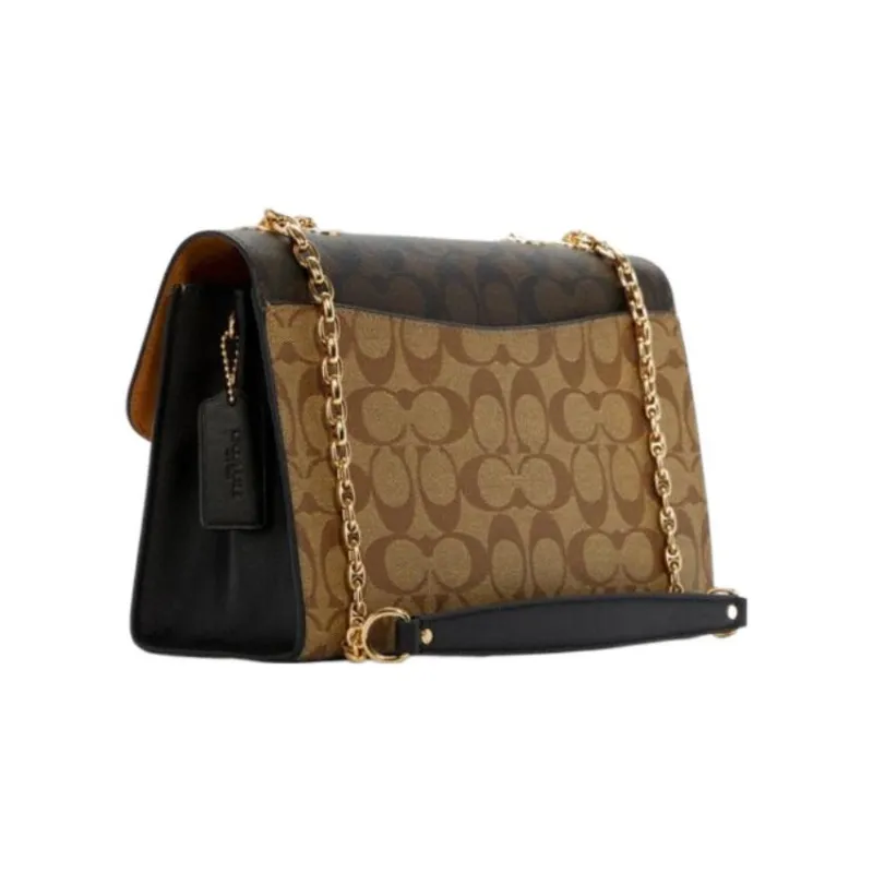 COACH Lane Coated Canvas With Leather Portable Crossbody Bag Shoulder Bag Medium Size Women's Brown White-9