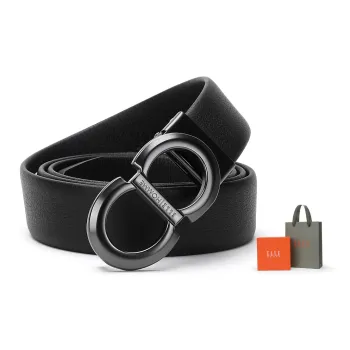 ELLE HOMME Men's Belt Genuine Leather Plate Buckle Horse Shoe Buckle Cow Leather Belt Men's Black Width 3.4cm