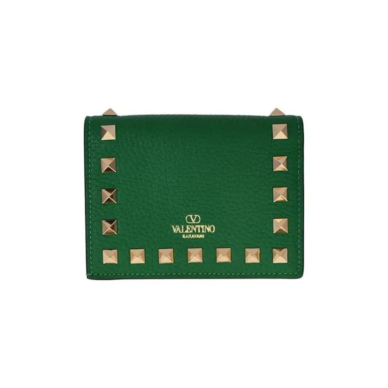 Valentino Rockstud Calfskin Wallet Card Holder Regular Women's Green-0