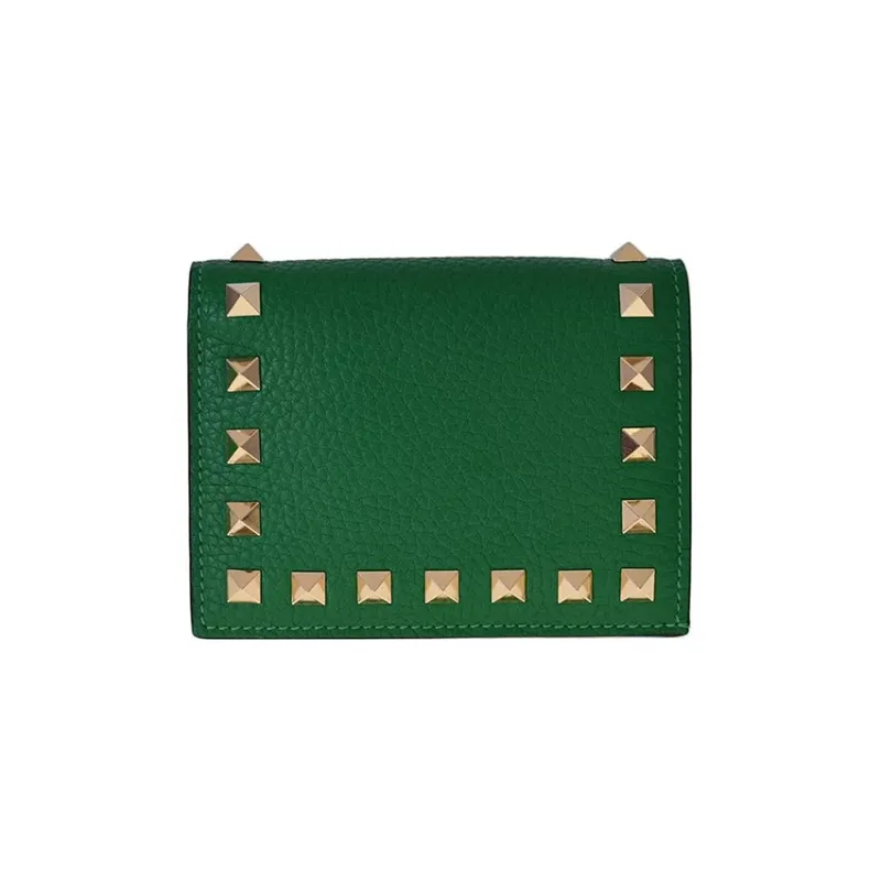 Valentino Rockstud Calfskin Wallet Card Holder Regular Women's Green-2