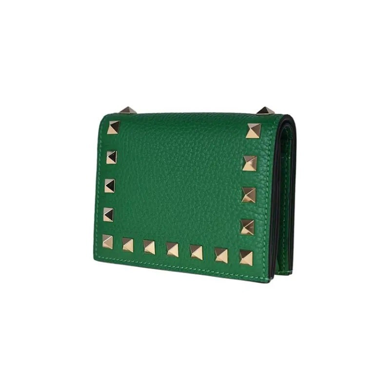 Valentino Rockstud Calfskin Wallet Card Holder Regular Women's Green-1