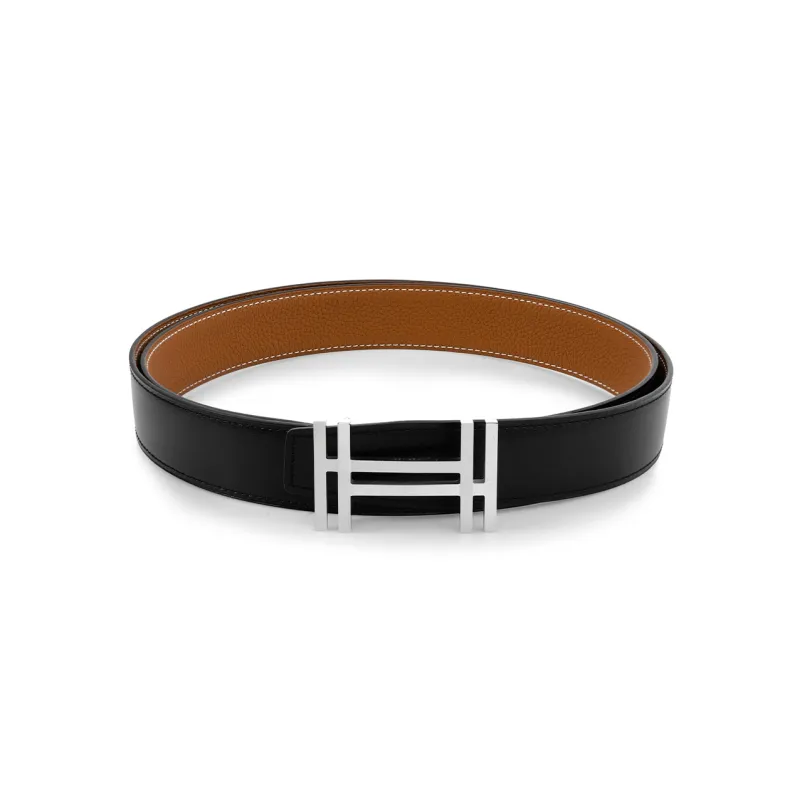 HERMES Cow Leather Belt Men's Black/Gold Width: 3.2cm-0