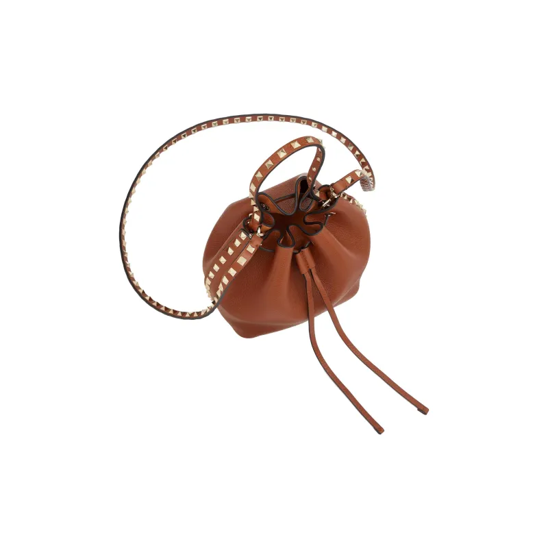 Valentino Rockstud Calfskin Bucket Bag Shoulder Bag, Handbag Trumpets Women's Brown-4