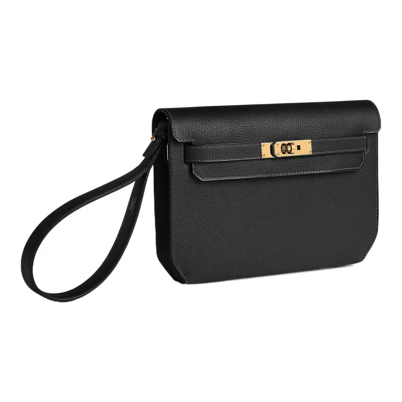 HERMES Kelly Depeches Cow Leather Clutch Men's Noir Black-1