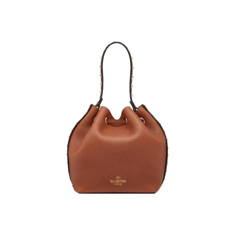 Valentino Rockstud Calfskin Bucket Bag Shoulder Bag, Handbag Trumpets Women's Brown-3