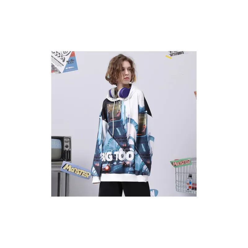 Bt Hooded Loose Fit Sweatshirt Unisex White Blue-5