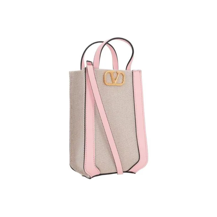 Valentino Canvas With Leather Trim Portable Canvas Shoulder Bag, Crossbody Bag Women's Pink-1
