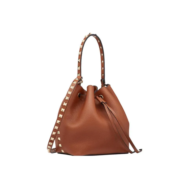 Valentino Rockstud Calfskin Bucket Bag Shoulder Bag, Handbag Trumpets Women's Brown-1