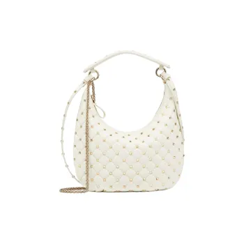 Valentino ROCKSTUD SPIKE Calfskin Hobo Bag Shoulder Bag Crossbody Bag Handbag Small Size Women's White