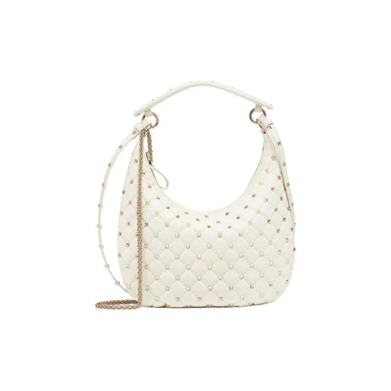 Valentino ROCKSTUD SPIKE Calfskin Hobo Bag Shoulder Bag Crossbody Bag Handbag Small Size Women's White-0
