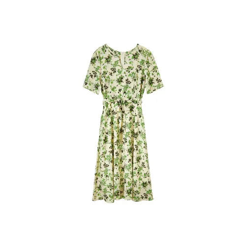 FANQIN Short-Sleeved Dresses Women's Apricot Base With Green Floral