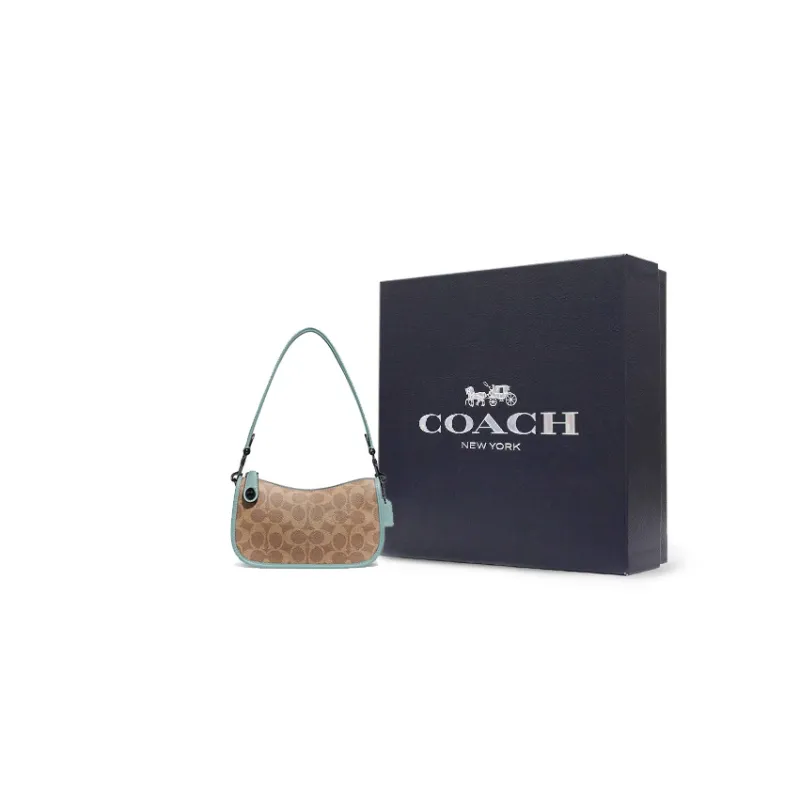 COACH Swinger Fabric Cow Leather Patchwork Mahjong Bag Shoulder Bag Handbag Shoulder Bag Women's Khaki Brown-5