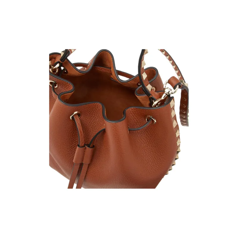 Valentino Rockstud Calfskin Bucket Bag Shoulder Bag, Handbag Trumpets Women's Brown-6