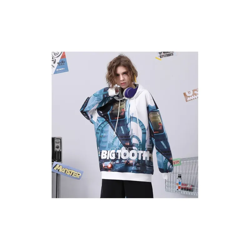 Bt Hooded Loose Fit Sweatshirt Unisex White Blue-4