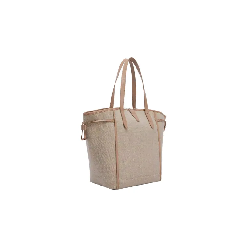 Furla Net Collection Canvas With Calfskin Tote Bag Shopping Bag Canvas Bag Handbags Large Size Women's Brown-2