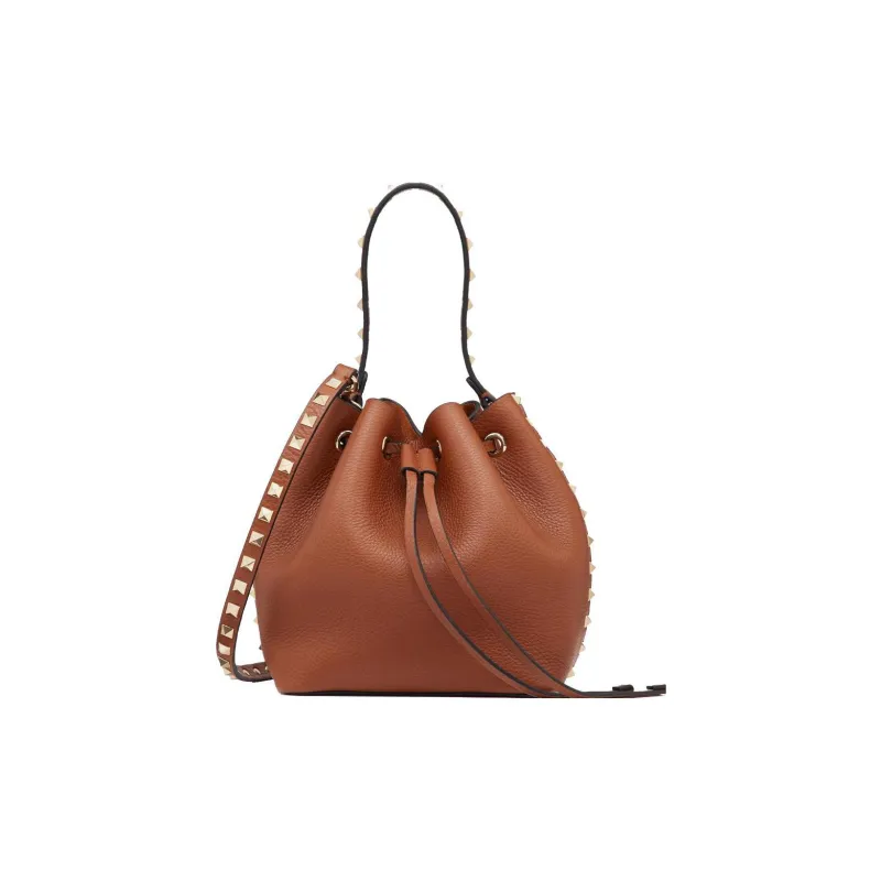 Valentino Rockstud Calfskin Bucket Bag Shoulder Bag, Handbag Trumpets Women's Brown-0