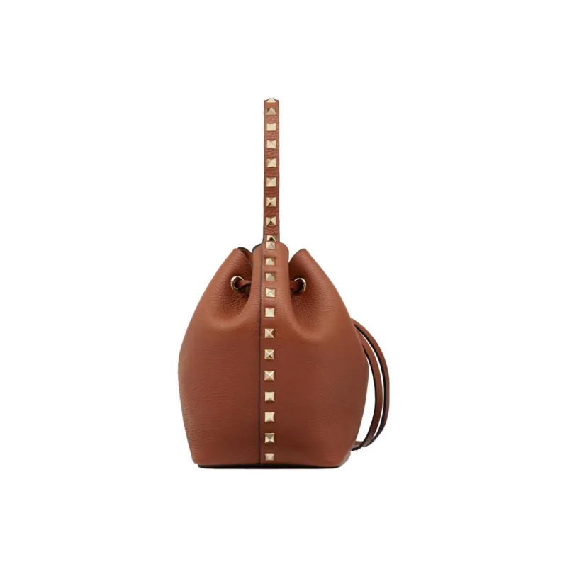 Valentino Rockstud Calfskin Bucket Bag Shoulder Bag, Handbag Trumpets Women's Brown-2
