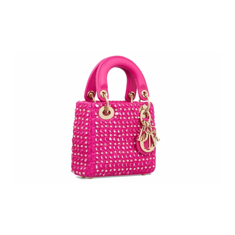 DIOR Lady Dior Rhinestone Satin Dior Bag Shoulder Bag Crossbody Bag Handbag Extra Mini Women's Pink-2