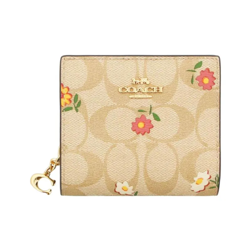 COACH Snap Wallet Canvas With Leather Clutch Wallet Women's Khaki-0